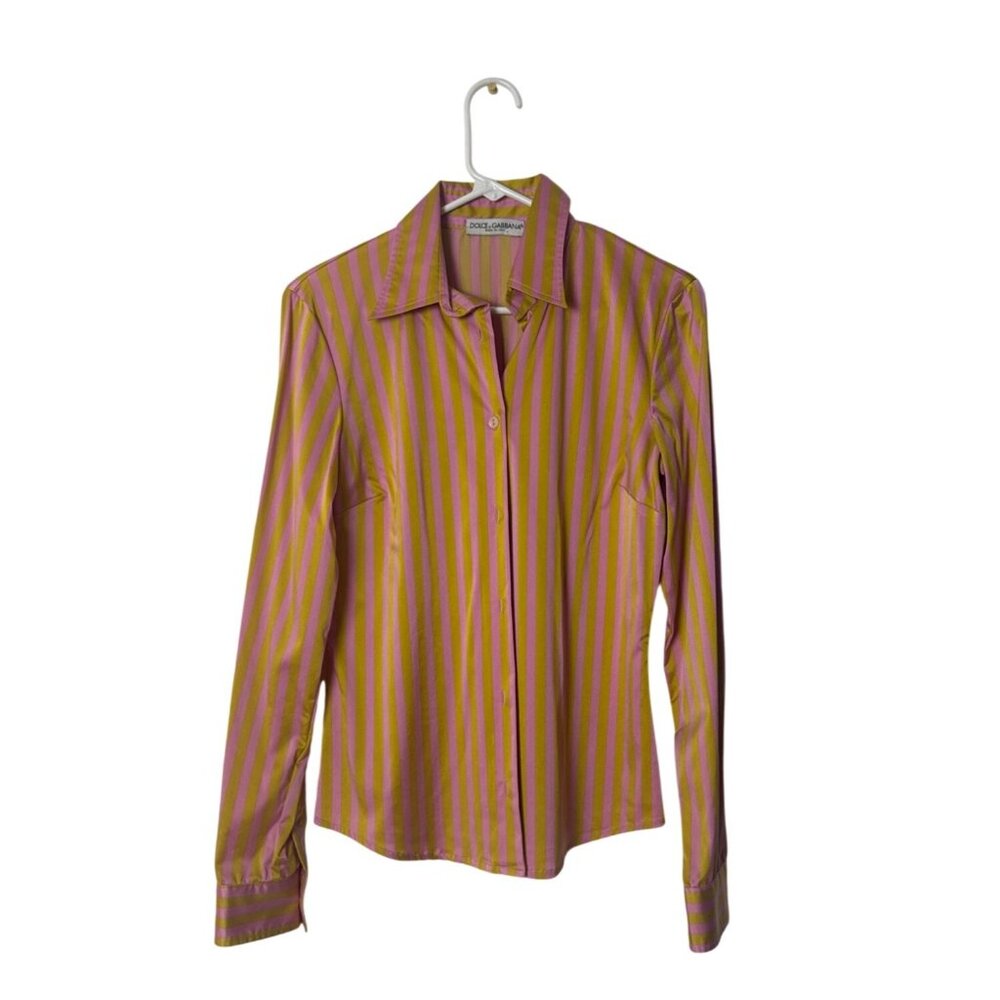 Dolce & Gabbana Womens Pink & Yellow Striped Button-Down Silk Blend Shirt